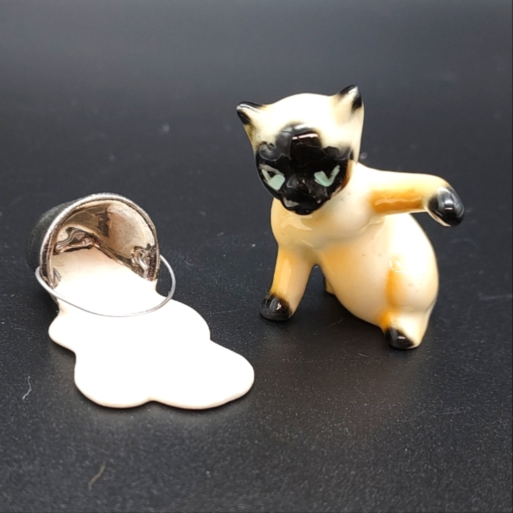 Ceramic Siamese Cat and Pail of Milk Figurine Lot of 2 Miniature Vintage